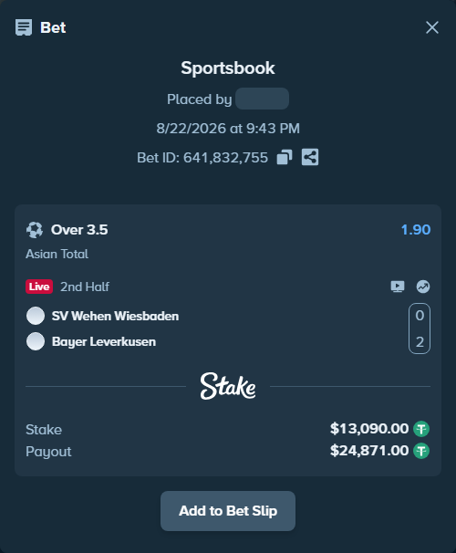 Bet slip: SV Wehen Wiesbaden - Bayer Leverkusen, $13,090.00 stake at 1.90 odds, placed by tlwns4736