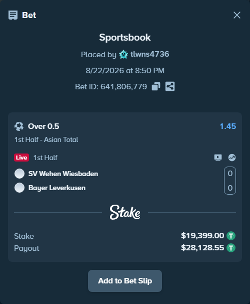 Bet slip: SV Wehen Wiesbaden - Bayer Leverkusen, $19,399.00 stake at 1.45 odds, placed by tlwns4736