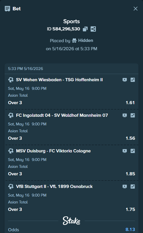 Bet slip: SV Wehen Wiesbaden - TSG Hoffenheim II, $79,000.00 stake at 1.61 odds, placed by Hidden