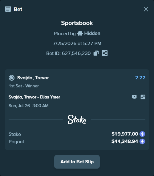 Bet slip: Svajda, Trevor - Elias Ymer, $20,489.06 stake at 2.22 odds, placed by Hidden