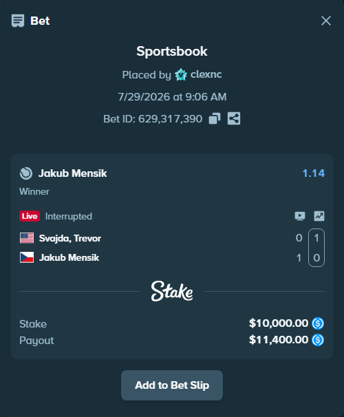 Bet slip: Svajda, Trevor - Jakub Mensik, $10,000.00 stake at 1.14 odds, placed by clexnc