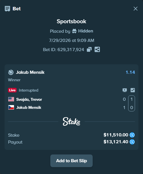 Bet slip: Svajda, Trevor - Jakub Mensik, $11,510.00 stake at 1.14 odds, placed by clexnc