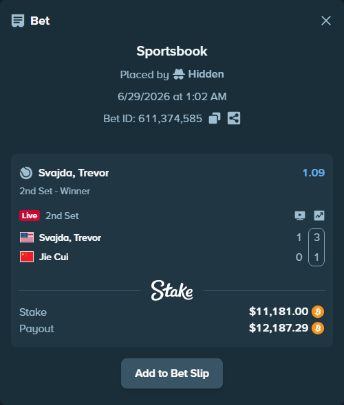 Bet slip: Svajda, Trevor - Jie Cui, $11,657.41 stake at 1.09 odds, placed by Hidden