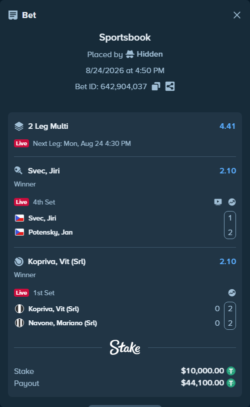Bet slip: Svec, Jiri - Potensky, Jan, $10,000.00 stake at 2.10 odds, placed by Hidden