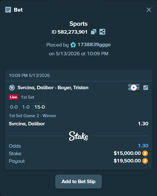 Bet slip: Svrcina, Dalibor - Boyer, Tristan, $11,996.55 stake at 1.30 odds, placed by 1738839ggga