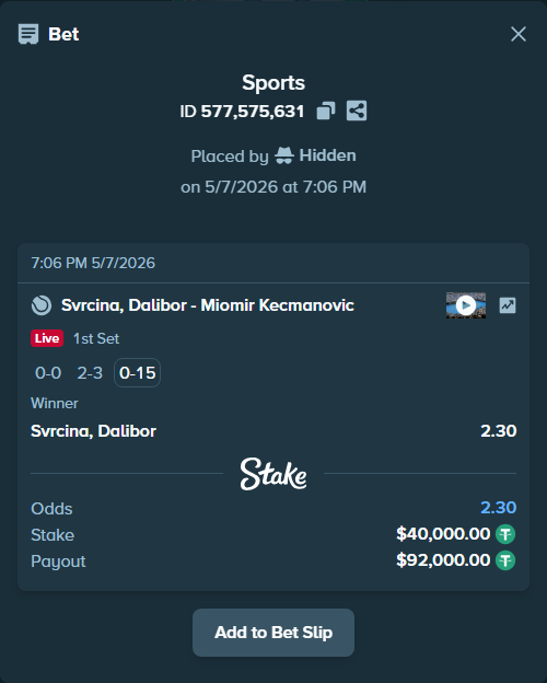 Bet slip: Svrcina, Dalibor - Miomir Kecmanovic, $40,000.00 stake at 2.30 odds, placed by Hidden