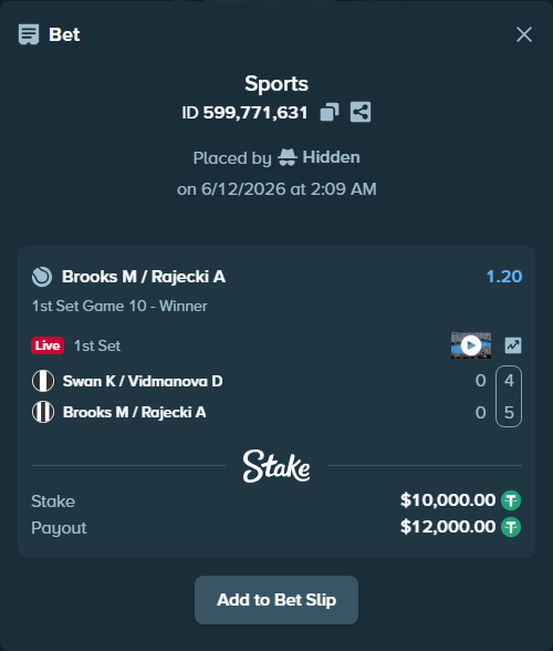Bet slip: Swan K / Vidmanova D - Brooks M / Rajecki A, $10,010.00 stake at 1.20 odds, placed by Hidden