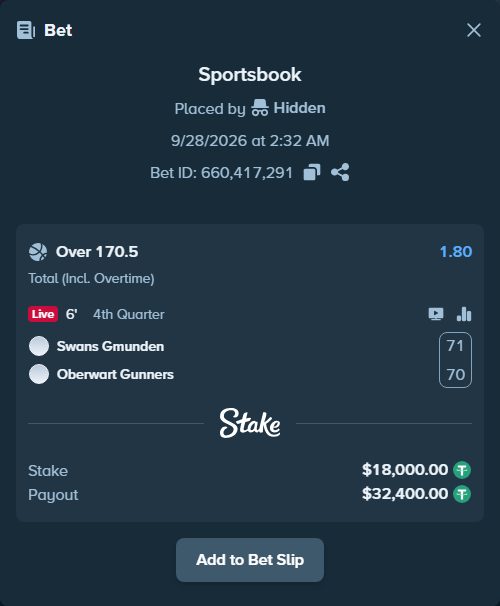 Bet slip: Swans Gmunden - Oberwart Gunners, $18,000.00 stake at 1.80 odds, placed by Kriski99