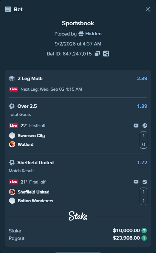 Bet slip: Swansea City - Watford, $10,000.00 stake at 1.39 odds, placed by Hidden
