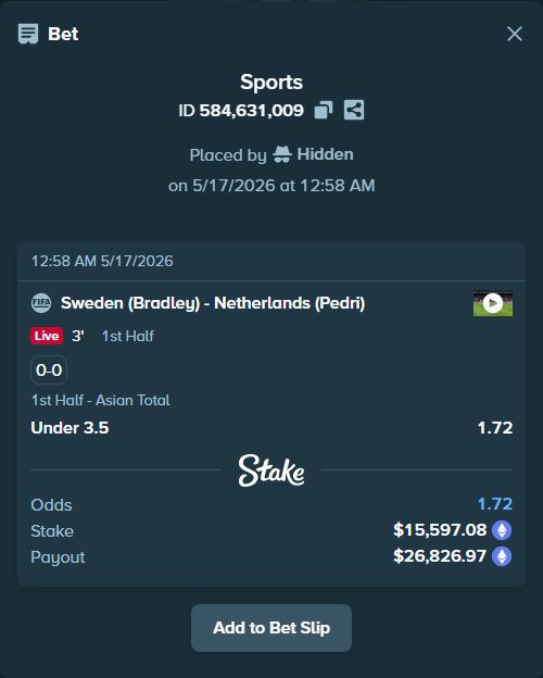 Bet slip: Sweden (Bradley) - Netherlands (Pedri), $12,414.79 stake at 1.72 odds, placed by Hidden