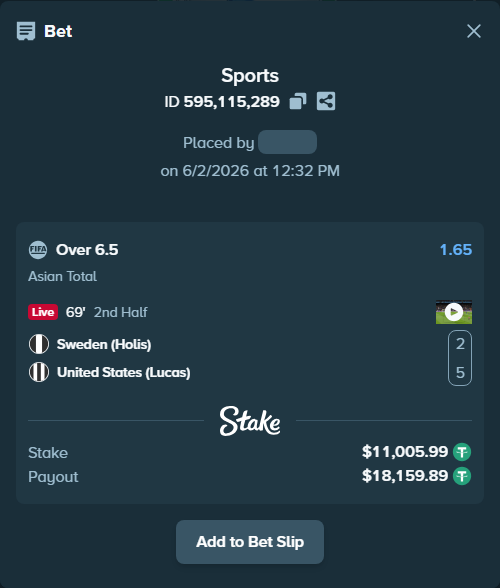 Bet slip: Sweden (Holis) - United States (Lucas), $11,017.00 stake at 1.65 odds, placed by wswrj2008