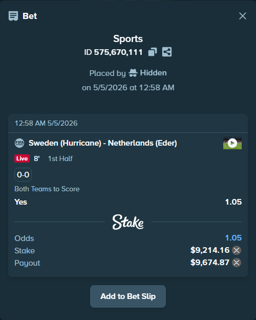 Bet slip: Sweden (Hurricane) - Netherlands (Eder), $7,536.08 stake at 1.05 odds, placed by Hidden