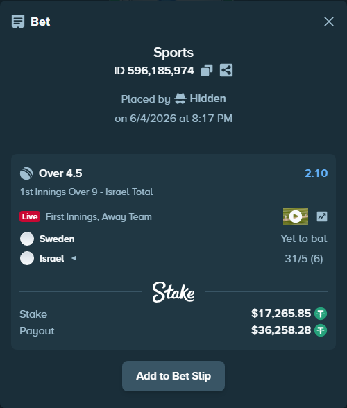 Bet slip: Sweden - Israel, $17,283.11 stake at 2.10 odds, placed by Hidden