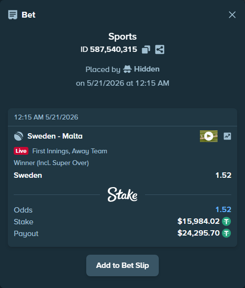 Bet slip: Sweden - Malta, $16,000.00 stake at 1.52 odds, placed by Hidden