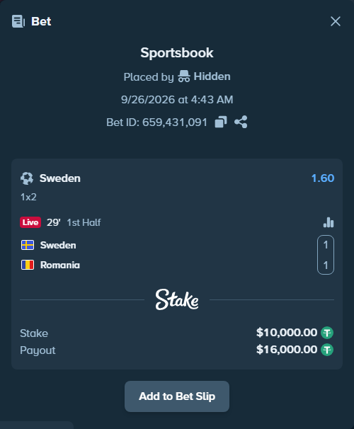 Bet slip: Sweden - Romania, $10,000.00 stake at 1.60 odds, placed by Palo6