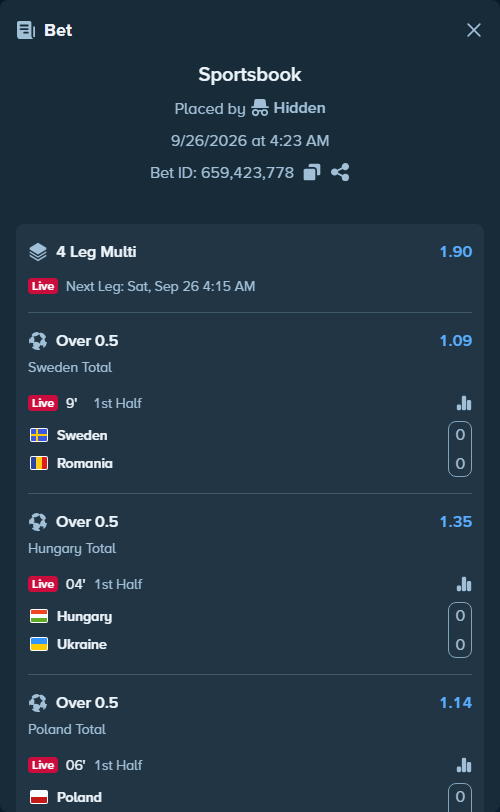 Bet slip: Sweden - Romania, $24,000.00 stake at 1.09 odds, placed by SH7N28