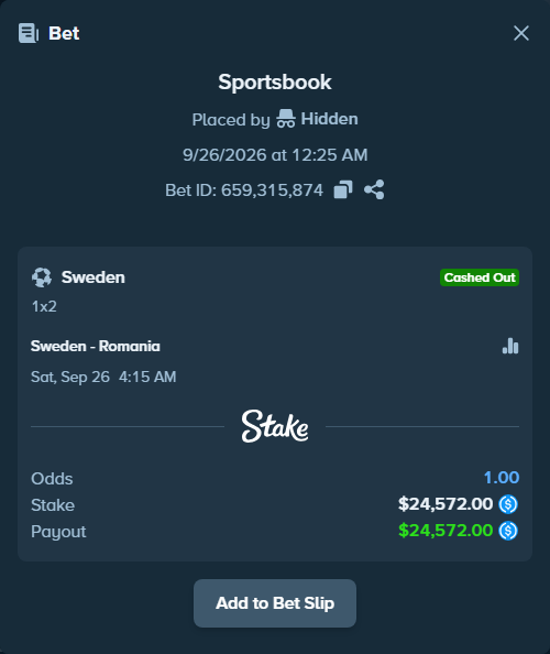 Bet slip: Sweden - Romania, $24,572.00 stake at 1.47 odds, placed by frodeand