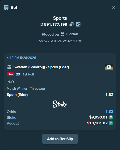 Bet slip: Sweden (Sheerpy) - Spain (Eder), $10,000.00 stake at 1.82 odds, placed by Hidden