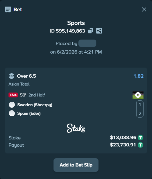 Bet slip: Sweden (Sheerpy) - Spain (Eder), $13,052.00 stake at 1.82 odds, placed by wswrj2008
