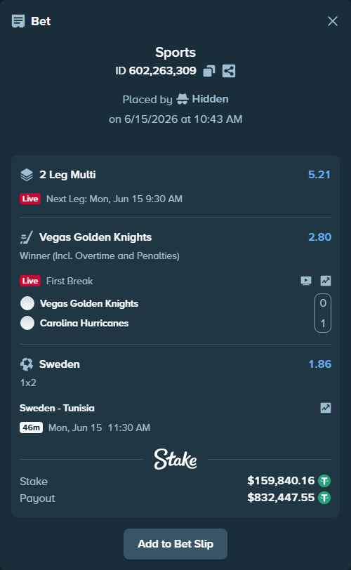 Bet slip: Sweden - Tunisia, $160,000.00 stake at 1.86 odds, placed by Hidden