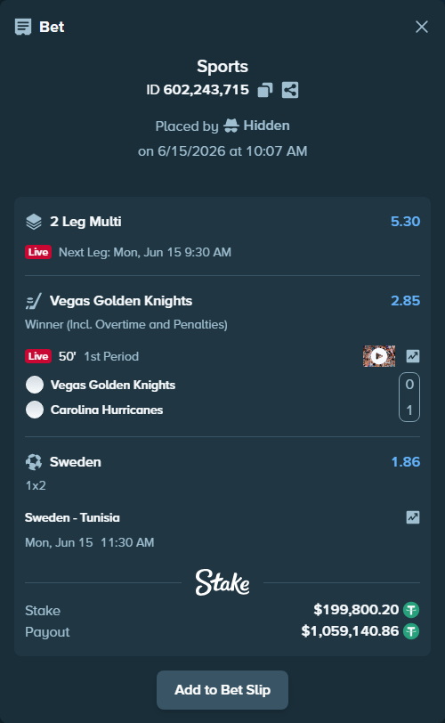 Bet slip: Sweden - Tunisia, $200,000.00 stake at 1.86 odds, placed by Hidden