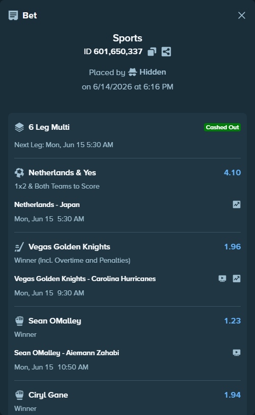 Bet slip: Sweden - Tunisia, $35,000.00 stake at 1.90 odds, placed by Hidden