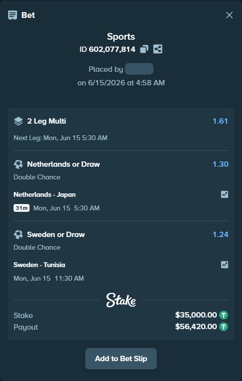 Bet slip: Sweden - Tunisia, $35,035.00 stake at 1.24 odds, placed by Bigfoltz