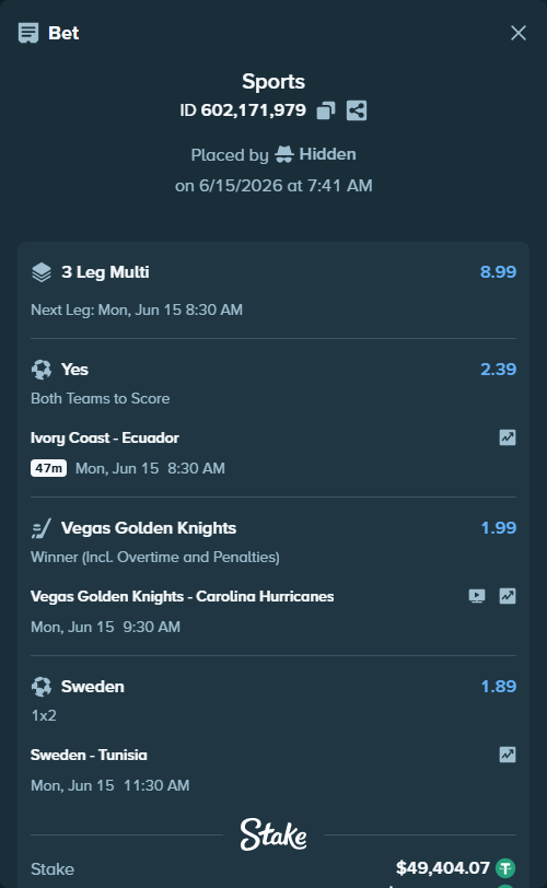 Bet slip: Sweden - Tunisia, $49,453.47 stake at 1.89 odds, placed by Hidden