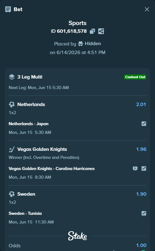 Bet slip: Sweden - Tunisia, $99,452.58 stake at 1.90 odds, placed by Hidden