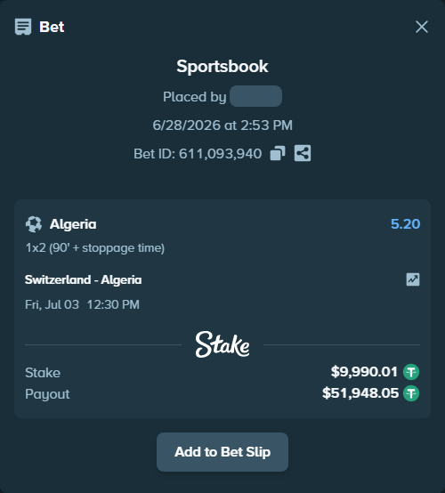 Bet slip: Switzerland - Algeria, $10,000.00 stake at 5.20 odds, placed by jonasekk