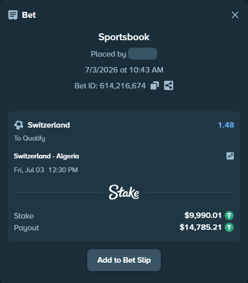 Bet slip: Switzerland - Algeria, $10,000.00 stake at 1.48 odds, placed by Valttttt