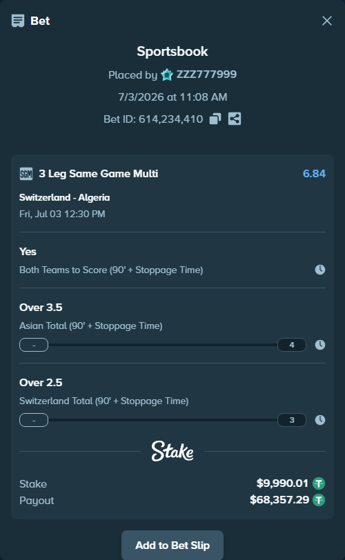 Bet slip: Switzerland - Algeria, $10,000.00 stake at 1.89 odds, placed by ZZZ777999
