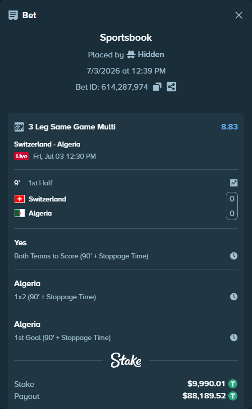 Bet slip: Switzerland - Algeria, $10,000.00 stake at 1.95 odds, placed by Hidden