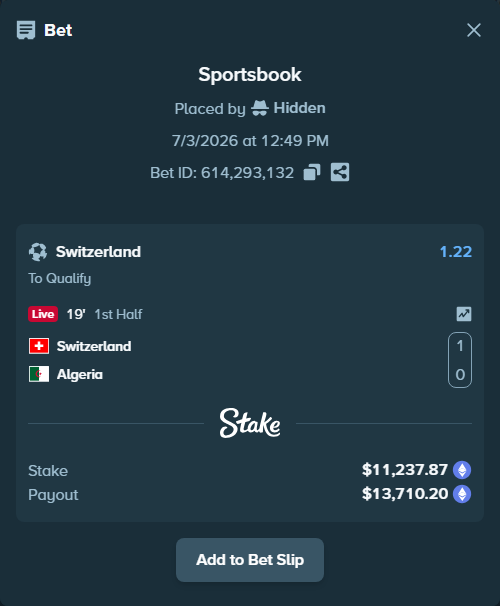 Bet slip: Switzerland - Algeria, $11,804.56 stake at 1.22 odds, placed by Hidden