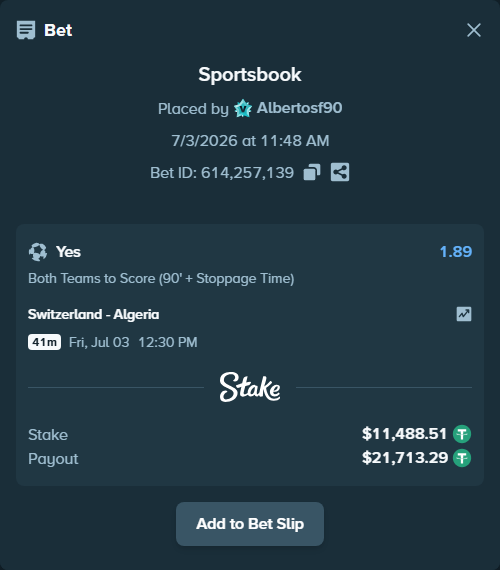 Bet slip: Switzerland - Algeria, $11,500.00 stake at 1.89 odds, placed by Albertosf90