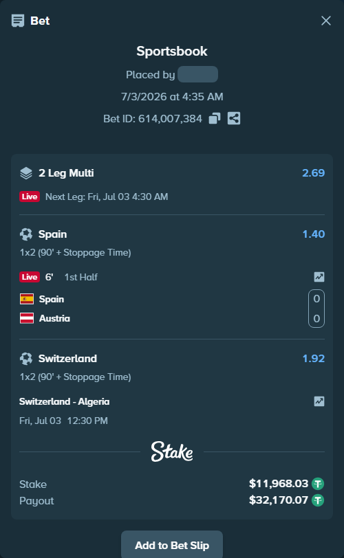 Bet slip: Switzerland - Algeria, $11,980.00 stake at 1.92 odds, placed by Samuelabraham1