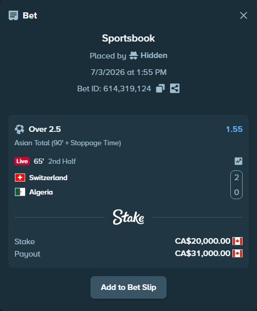 Bet slip: Switzerland - Algeria, $14,800.00 stake at 1.55 odds, placed by Hidden