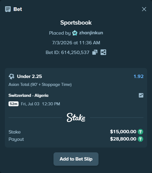 Bet slip: Switzerland - Algeria, $15,015.00 stake at 1.92 odds, placed by zhanjinkun