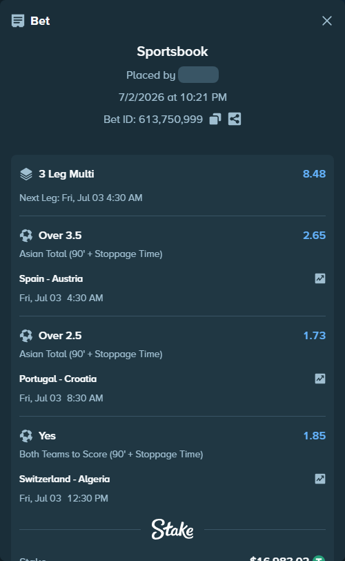 Bet slip: Switzerland - Algeria, $17,000.00 stake at 1.85 odds, placed by Kaidou827