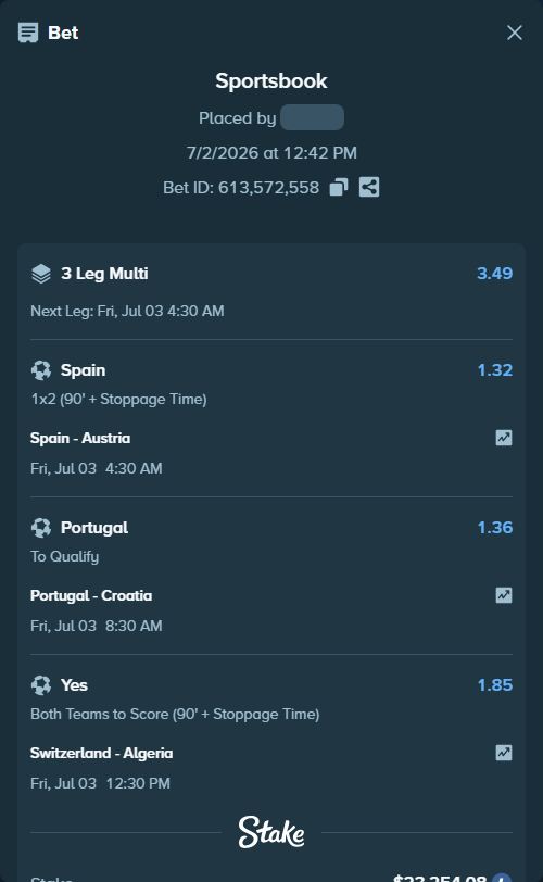Bet slip: Switzerland - Algeria, $24,547.54 stake at 1.85 odds, placed by Bigfoltz