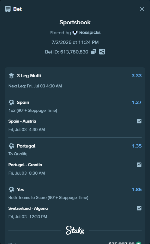 Bet slip: Switzerland - Algeria, $25,032.01 stake at 1.85 odds, placed by Rosspicks