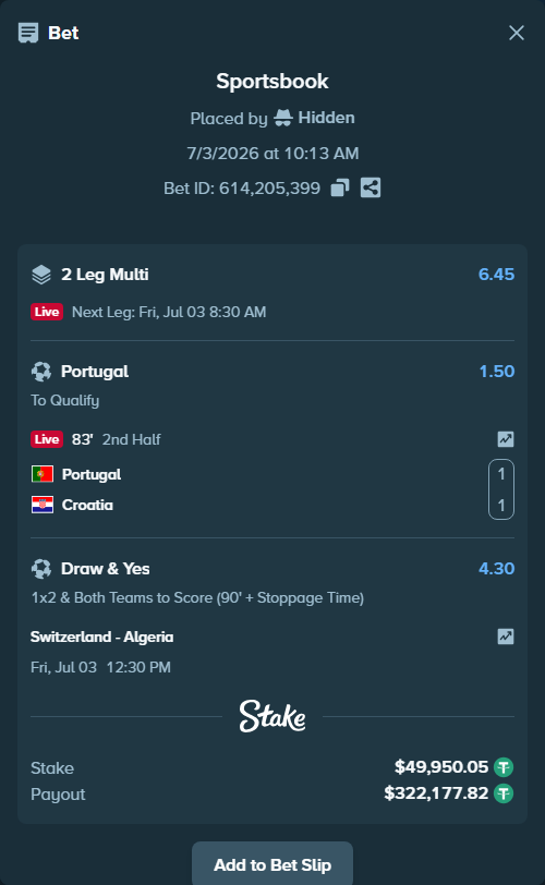 Bet slip: Switzerland - Algeria, $50,000.00 stake at 4.30 odds, placed by Hidden