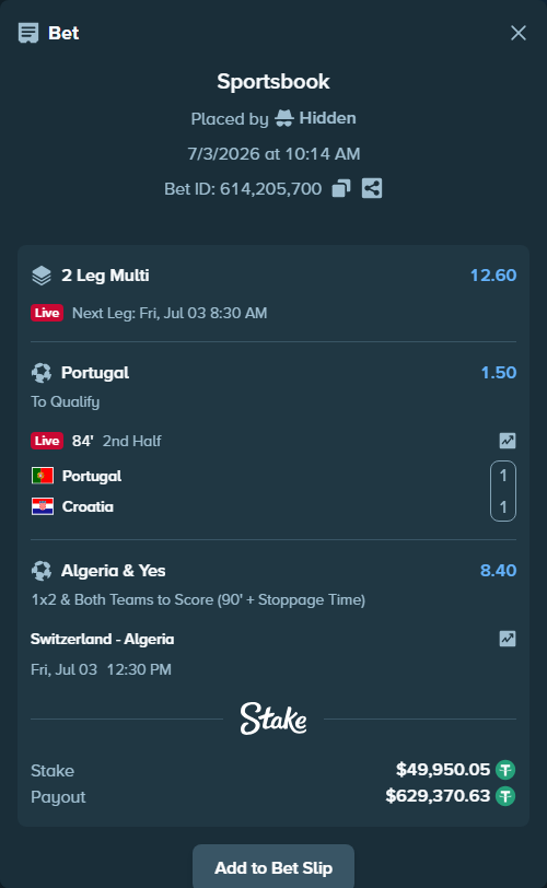 Bet slip: Switzerland - Algeria, $50,000.00 stake at 8.40 odds, placed by Hidden