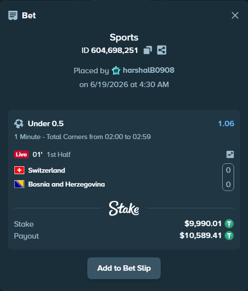 Bet slip: Switzerland - Bosnia and Herzegovina, $10,000.00 stake at 1.06 odds, placed by harshalB0908