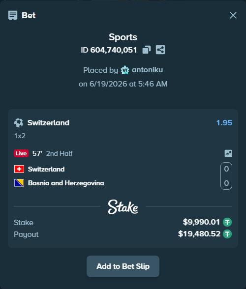 Bet slip: Switzerland - Bosnia and Herzegovina, $10,000.00 stake at 1.95 odds, placed by antoniku