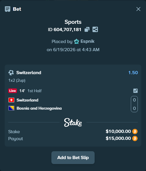 Bet slip: Switzerland - Bosnia and Herzegovina, $9,625.39 stake at 1.50 odds, placed by Espnik