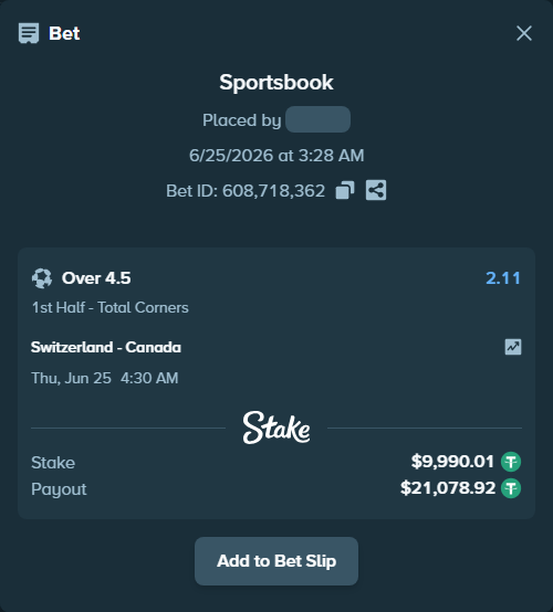 Bet slip: Switzerland - Canada, $10,000.00 stake at 2.11 odds, placed by Yarmola999