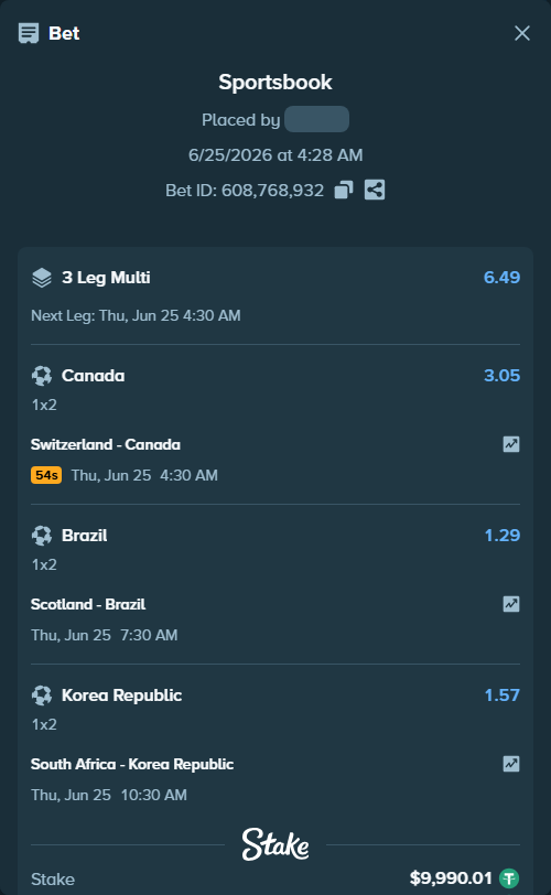 Bet slip: Switzerland - Canada, $10,000.00 stake at 3.05 odds, placed by Champjoll