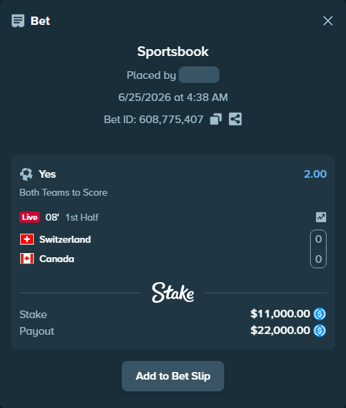 Bet slip: Switzerland - Canada, $11,000.00 stake at 2.00 odds, placed by Hoggtann