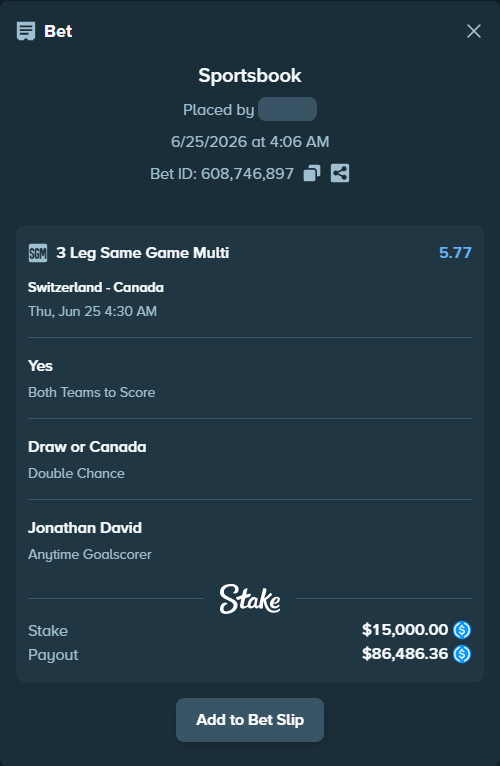 Bet slip: Switzerland - Canada, $15,000.00 stake at 1.83 odds, placed by Cabrzy